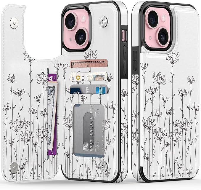 FUNMIKO for iPhone 14 Plus Wallet Case with Card Holder, RFID-Blocking, Military-Grade Protection & UV-Printed Artwork, Magnetic Closure with Leather Kickstand - Elegantly Sketched Flower