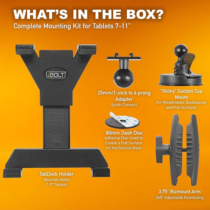 iBOLT TabDock BizMount Heavy Duty Tablet Mount with Suction Cup Base – Universal 7"-10" Holder for Trucks, Vans, SUVs, Aviation & Work Vehicles – Dashboard, Windshield, or Desk Compatible