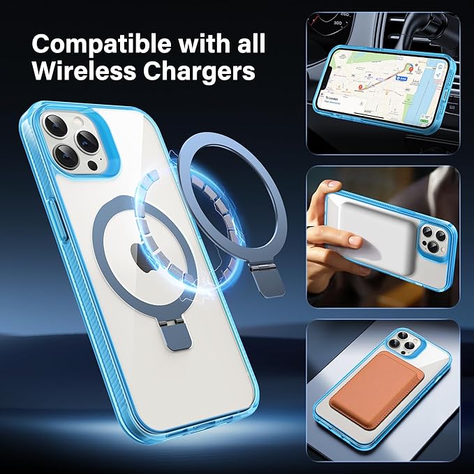 Magnetic Case for iPhone 13 Pro - [Built-in Invisible Stand] [Compatible with MagSafe] [Military Grade Drop Protection] Anti-Yellowing Hard Back Silicone Edge Cover, 6.1", Clear Blue