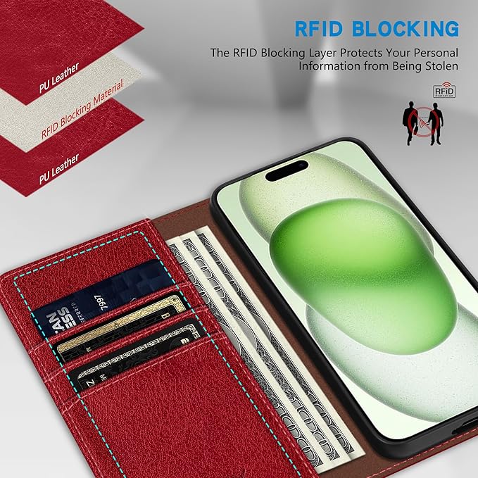 ZZXX for iPhone 15 Plus Wallet Case with [RFID Blocking] Card Slot Stand Strong Magnetic Leather Flip Fold Protective Phone Case for iPhone 15 Plus Case Wallet(Red-6.7 inch)