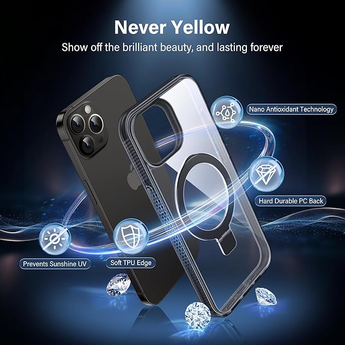Magnetic Case for iPhone 14 Pro - [Built-in Invisible Stand] [Compatible with MagSafe] [Military Grade Drop Protection] Anti-Yellowing Hard Back Silicone Edge Cover, 6.1", Clear Black
