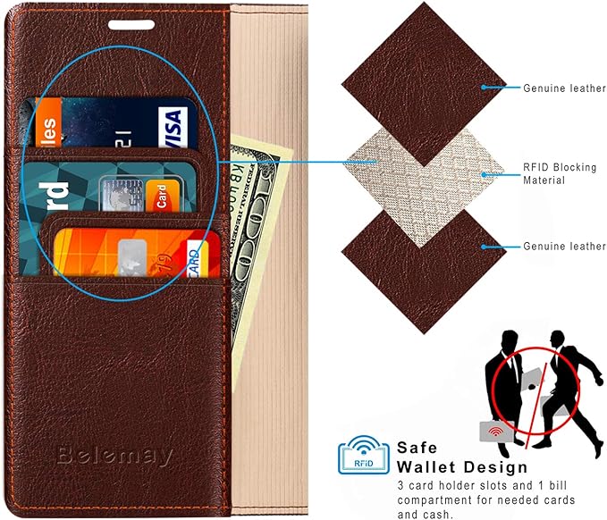 Belemay Compatible with iPhone 14 Pro Wallet Case-Genuine Leather Flip Phone Case-RFID Blocking Card Holders-Shockproof TPU Shell Folio Book Cover Women Men Compatible with iPhone 14 Pro (6.1") Brown