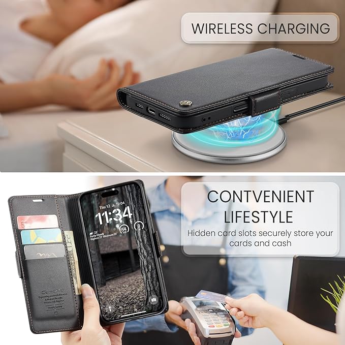 for iPhone 16 Pro Case, Premium PU Leather Wallet Case Flip Cover with [RFID Blocking][Card Holder][Stand Function] Shockproof Protective for iPhone 16 Pro 6.3", Black