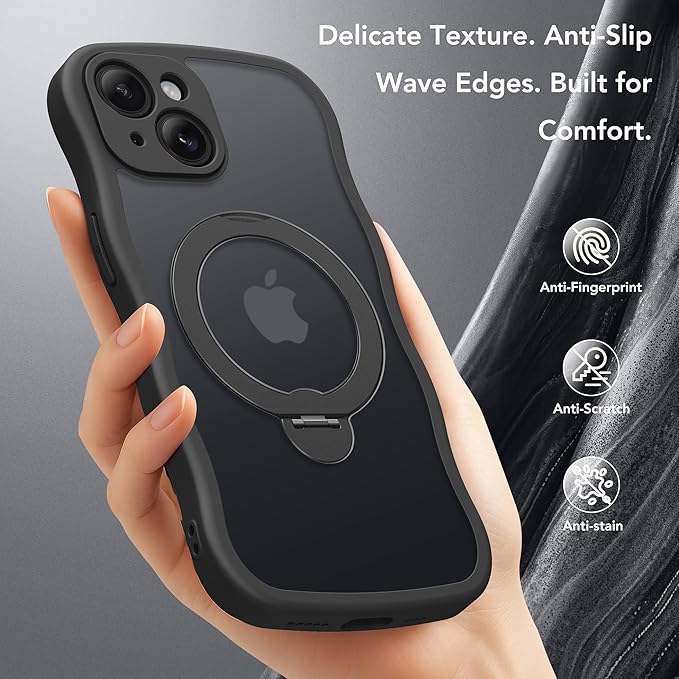 GolbinBox for iPhone 15 Case for Women,[Compatible with Magsafe][360° Spin Magnetic Stand][Cute Wave Edge][Military-Grade Protection] Translucent Matte Phone Case for iPhone 15, Black