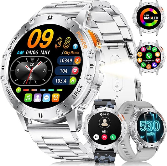 LIGE 1.43" AMOLED Smart Watch for Men with Flashlight, Bluetooth Calling, 100+ Sport Modes, 530mAh, IP68 Waterproof Fitness Tracker for Workout, iOS Android Compatible, Silver Steel