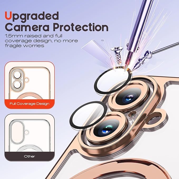 Compatible with Clear iPhone 17 Case with Magnetic Stand [Compatible with Mag-Safe][Full Camera Len Protectors] Shockproof Plating Phone Case for iPhone 17 6.3’’,Desert Goldd