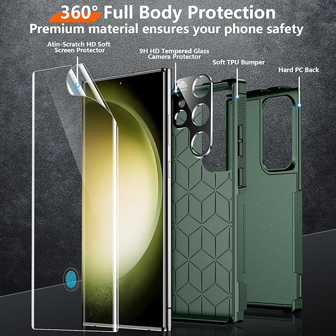 Red2Fire for Samsung Galaxy S23 Ultra Case, [Military Grade Drop Protection] Non-Slip Heavy Duty Full Body Shockproof Protection Phone Case for S23 Ultra Case 6.8 inch, Deep Green