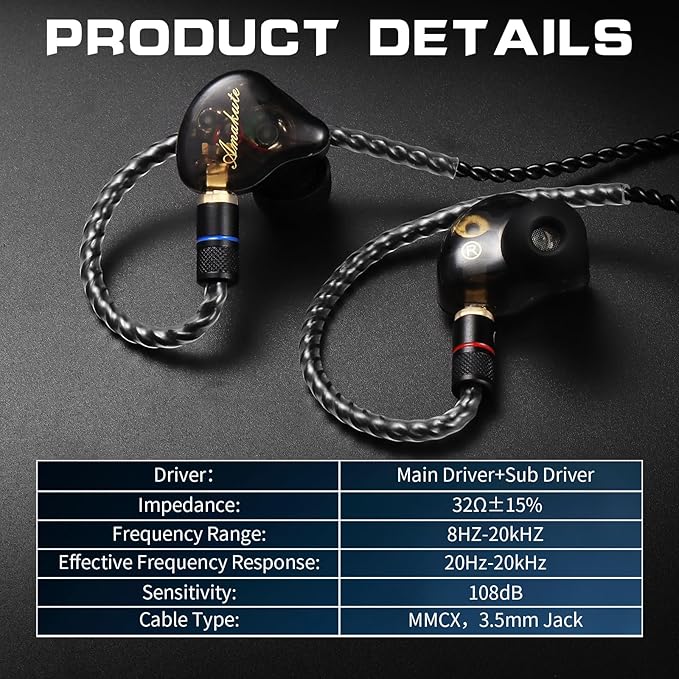 Dual Driver IEMs for Gaming - 9.2mm+6mm HiFi in-Ear Monitors with Detachable MMCX, 4N Silver-Plated OFC Cable & Noise-Isolating Ear Tips (Wired Earbuds for Music/Studio)