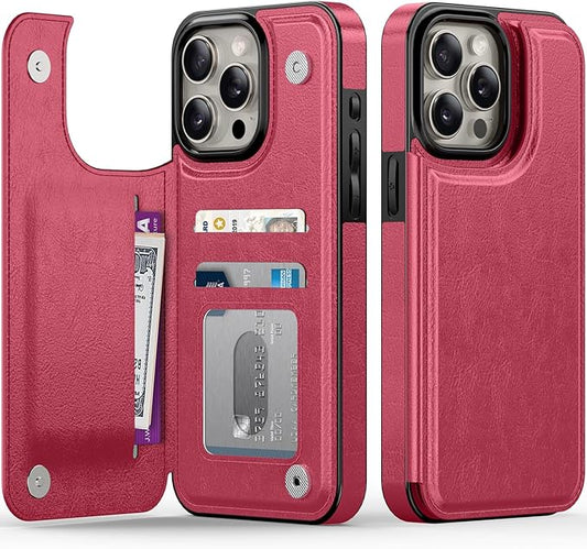 FUNMIKO for iPhone 14 Pro Wallet Case with Card Holder, RFID-Blocking, Military-Grade Protection & UV-Printed Artwork, Magnetic Closure with Leather Kickstand - Hot Pink