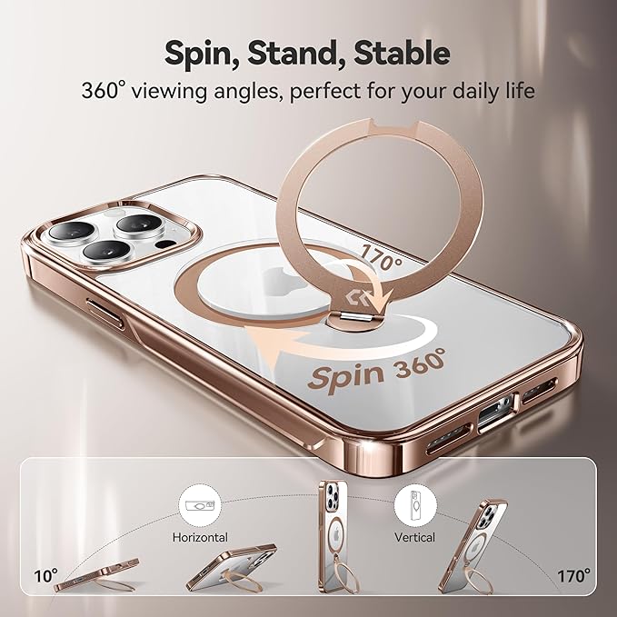 CASEKOO Desert Titanium for iPhone 15 Pro Max Case with 360° Spin Magnetic Stand [Compatible with Magsafe][16FT Military Protection] Polished for iPhone 15 ProMax Case with Stand Ring 6.7'', Rose Gold