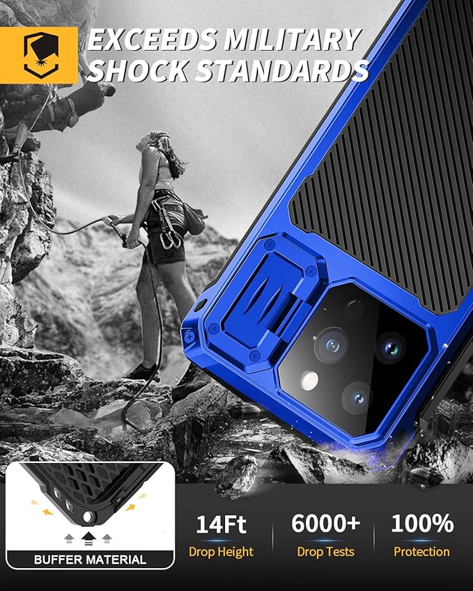 Lanhiem for iPhone 14 Pro Max Metal Case, [Built-in Camera Kickstand & Tempered Glass Screen Protector] Protective Rugged Heavy Duty Full Body Magsafe Military Cover for iPhone 14 Pro Max 6.7"(Blue)