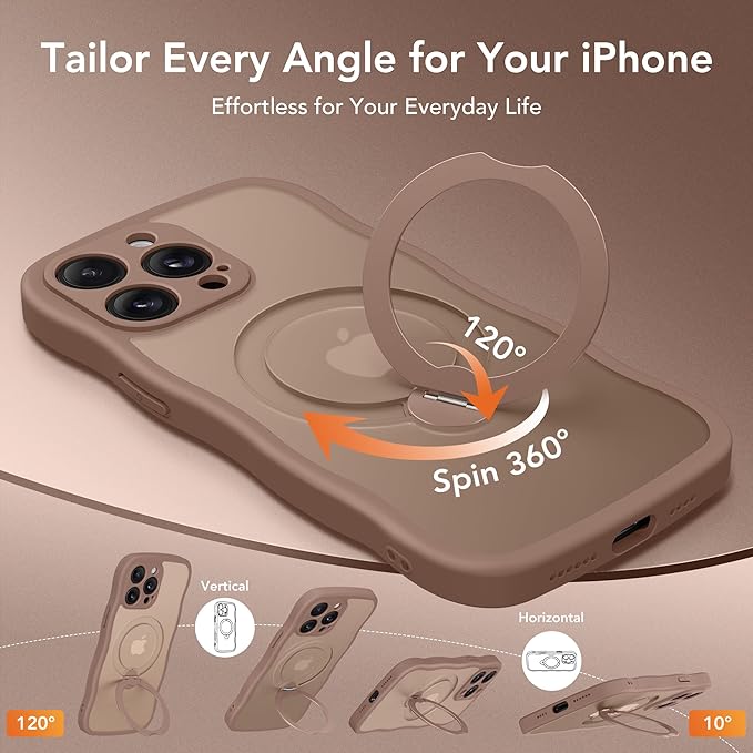 GolbinBox for iPhone 14 Pro Max Case for Women,[Compatible with Magsafe][360° Spin Magnetic Stand][Cute Wave Edge][Military-Grade Protection] Translucent Matte Phone Case for iPhone 14 ProMax, Brown
