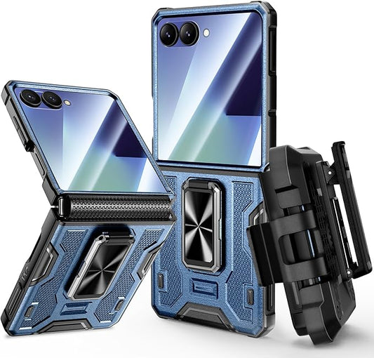 VEGO for Samsung Flip 7 Case with Belt Clip Holster, Hinge Protection Case with 360° Ring Kickstand & Camera Screen Protector Heavy Duty Protective Armor Cover for Galaxy Z Flip 7 - Blue