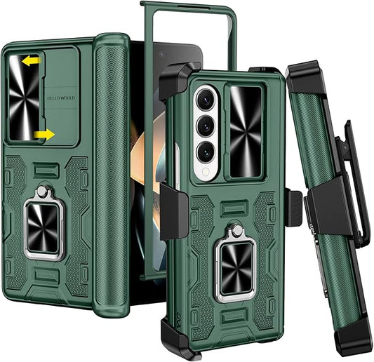 VEGO for Galaxy Z Fold 4 Case with Belt Clip Holster, 360°Ring Magnetic Kickstand & Camera Cover & Front Screen Protector, Hinge Protection Shockproof Armor Cover - Green