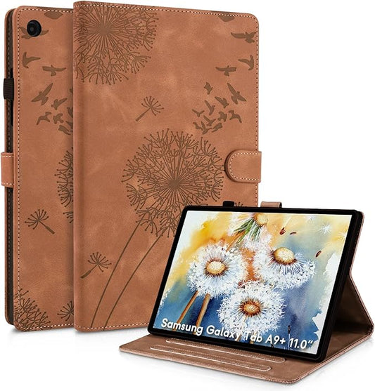Dandelion Cover for Galaxy Tab A9 Plus Case (SM-X210/X216/X218, 11 Inch 5G), Artsy Design, Premium Faux Leather Made, Card Slots, Kickstand, Brown