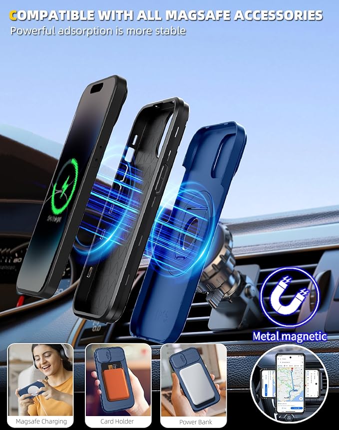 for iPhone 14 Pro Max Case Compatible with MagSafe Magnetic,with 2 Screen Protector,with Camera Cover&360°Kickstand Ring,Military Grade Drop Shockproof Heavy Duty Protection Phone Bumper Blue