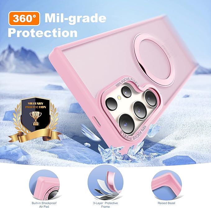 Compatible with Samsung Galaxy S22 & S23 Ultra Case with 360Rotatable Magnetic Ring Stand Compatible with Mag-Safe Military Protection Shockproof Translucent Phone Case,Pink