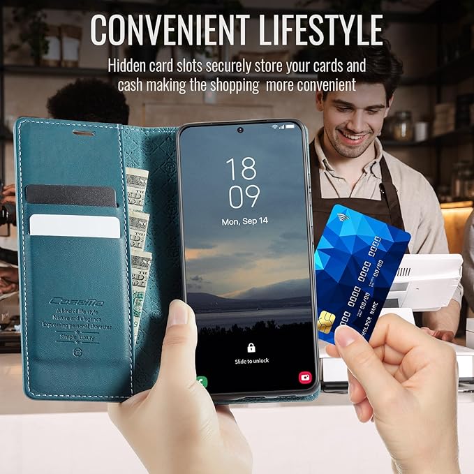 Wallet Case for Samsung Galaxy S21 Leather Wallet Flip Cover with Card Holder, Kickstand, Magnetic Closure, RFID Blocking TPU Shockproof Phone Case Compatible with S21, Blue-Green