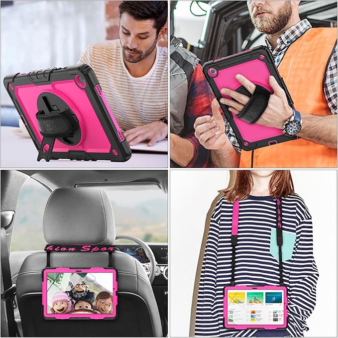 SEYMAC stock Case for Samsung Galaxy Tab A9+ Plus 11'', Full-Body Drop Protection Case with Screen Protector Pencil Holder [360° Rotating Hand Strap] &Stand, Pink+Black