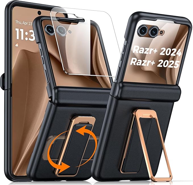 for Motorola Razr+ Plus 2025 Case/Razr+ Plus 2024 Case, Built-in Screen Protector & Hinge Protection & 360° Spin Stand & Hand Strap, Slim Leather Shockproof Phone Case for Razr+ 2025(Black)