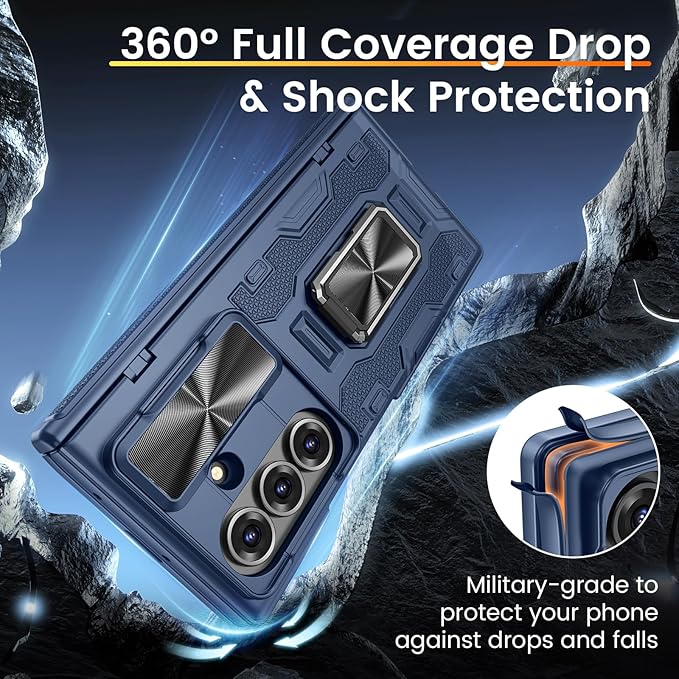 VEGO for Samsung Fold 7 Case with Hinge Protection & Slide Camera Cover [360°Rotating Ring Stand][Screen Protector] Heavy Duty Shockproof Protective Hard Case for Samsung Z Fold 7 5G 2025 - Blue