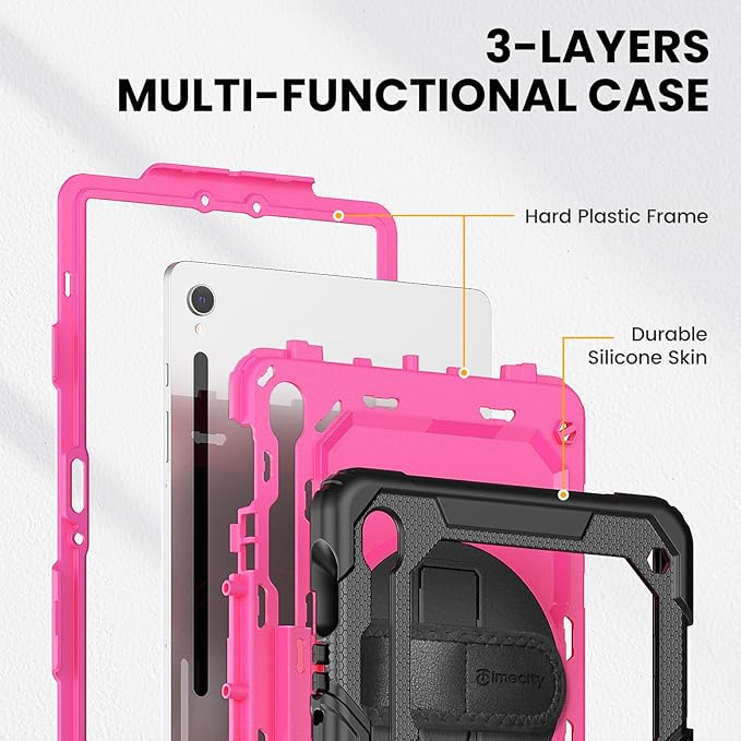 Timecity Case for Samsung Galaxy Tab S10 FE/ S9 FE 5G 10.9 Inch/ S9 11 Inch - Heavy Duty Protective Cover with Screen Protector, Rotating Stand, Shoulder Strap & S Pen Holder | Kids-Friendly, Rose