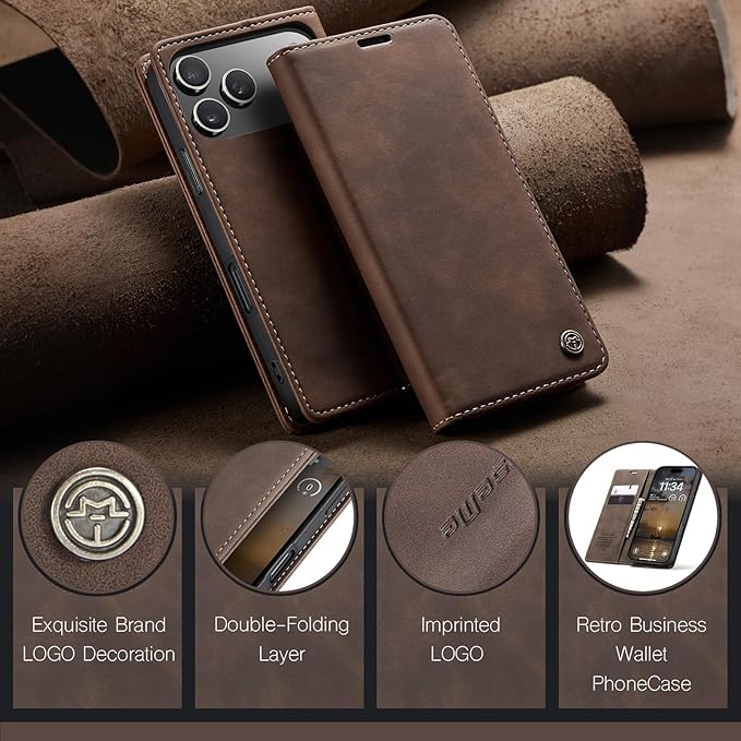 for iPhone 17 Pro Case, Flip Wallet Leather Case with Card Holder Magnetic Closure Shockproof Kickstand Protective Phone Cases Cover for iPhone 17 Pro, Coffee