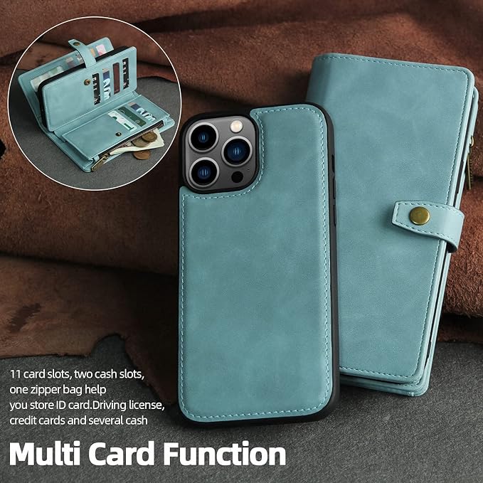 TwoHead for iPhone 13 Pro Wallet Case with Card Holder & Detachable Magnetic Phone Case, PU Leather Shockproof Protective Cover,Wrist Strap(Dream Blue)
