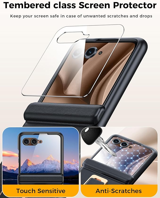 for Motorola Razr+ Plus 2025 Case/Razr+ Plus 2024 Case, Built-in Screen Protector & Hinge Protection & 360° Spin Stand & Hand Strap, Slim Leather Shockproof Phone Case for Razr+ 2025(Black)