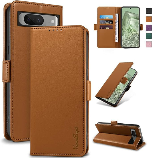 Wallet Flip Case for Google Pixel 8 - [RFID Blocking] Luxury PU Leather Card Holder Magnetic Phone Cover with Kickstand,Shockproof Protective Case,Brown