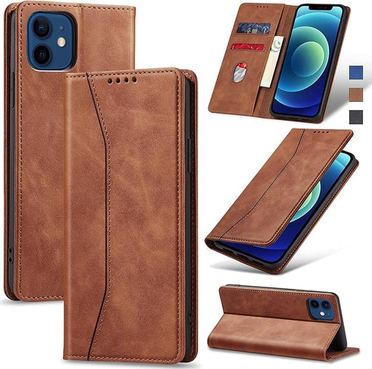 Jasonyu Flip Wallet Case for iPhone 12/12 Pro,Leather Magnetic Folio Cover with Card Holder,Kickstand - TPU Shockproof Durable Protective Phone Case,Brown