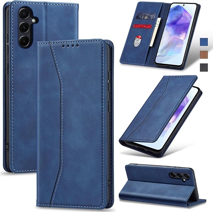 Jasonyu Flip Wallet Case for Samsung Galaxy A55,Leather Magnetic Folio Cover with Card Holder,Kickstand - TPU Shockproof Durable Protective Phone Case,Blue