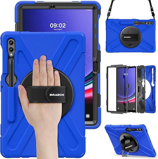 BRAECN for Galaxy Tab S10+Plus/ S9+/S9 FE+/S8+12.4 Inch Case,Heavy Duty Tablet Case with 360 Rotating Stand &Hand Strap, Built-in S Pen Holder, Shoulder Strap for Samsung Galaxy Tab S9 Plus -Blue