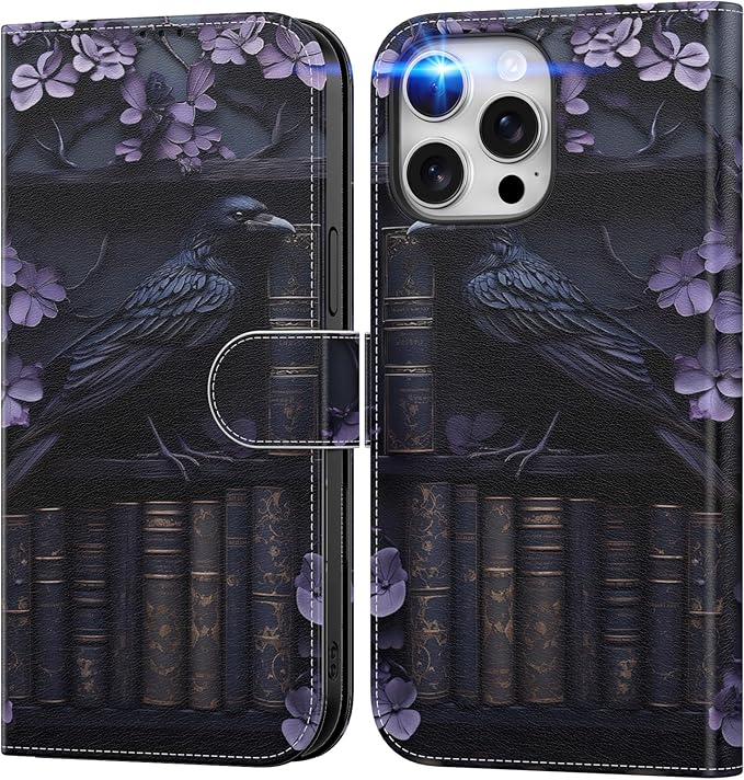 DEENAKIN for iPhone 15 Pro Wallet Case with Card Holder + Cash Clip, RFID-Blocking, Military-Grade Drop Protection, Magnetic Closure with Leather Kickstand - Purple Floral & Raven