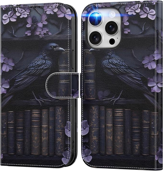 DEENAKIN for iPhone 15 Pro Wallet Case with Card Holder + Cash Clip, RFID-Blocking, Military-Grade Drop Protection, Magnetic Closure with Leather Kickstand - Purple Floral & Raven