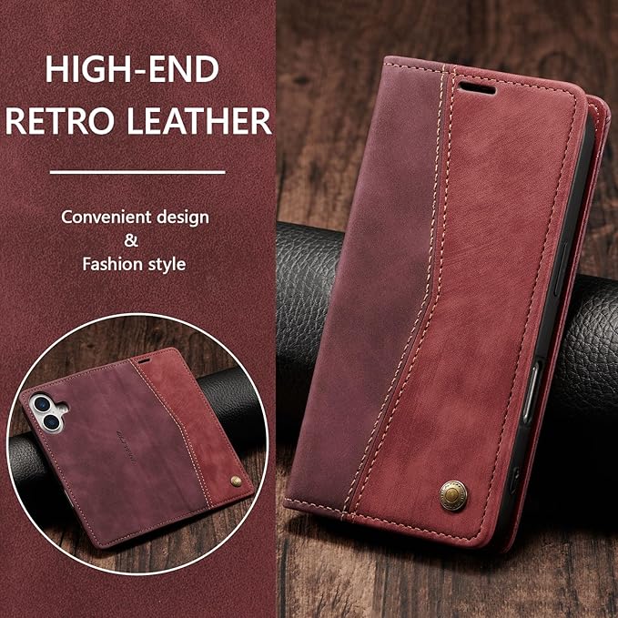 QLTYPRI for iPhone 16 Plus Case Wallet with Card Holder, Vintage PU Leather Kickstand Magnetic Closure Shockproof Folio Book Cover Case for iPhone 16 Plus - Retro Wine Red