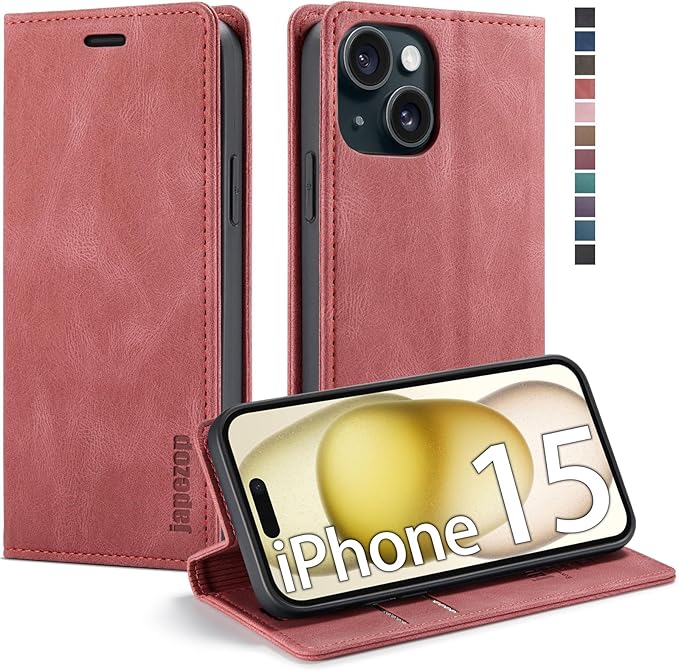 japezop iPhone 15 5G Wallet Case with [RFID Blocking],Card Holder Kickstand Magnetic,Leather Flip Case Wallet for iPhone 15 5G 6.1 Inch(Red)