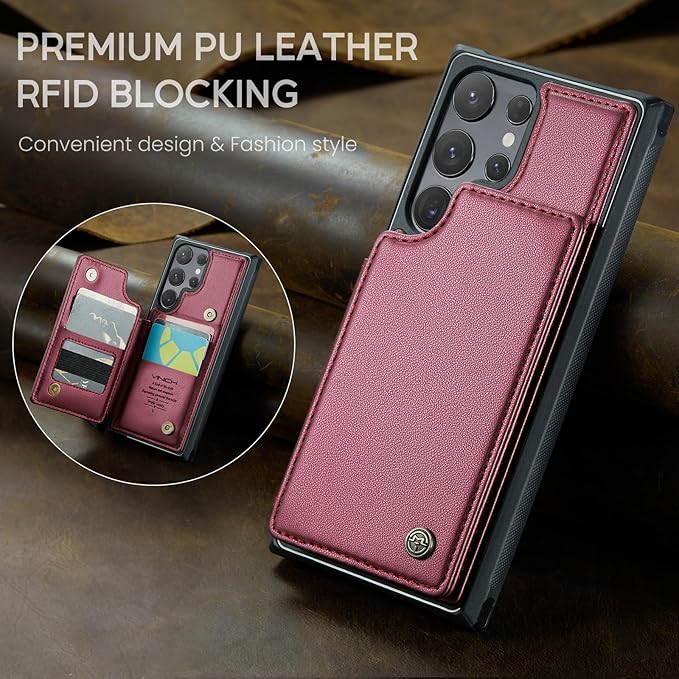 Vinich for Samsung Galaxy S24 Ultra Wallet Case with Card Holder, RFID Blocking Credit Slots Kickstand Shockproof Phone Cover for Women Men, Wine Red