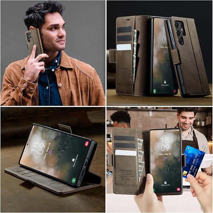 Wallet Case for Samsung Galaxy S22 Ultra Leather Wallet Flip Cover with Card Holder, Kickstand, Magnetic Closure, RFID Blocking TPU Shockproof Phone Case Compatible with S22 Ultra, Coffee