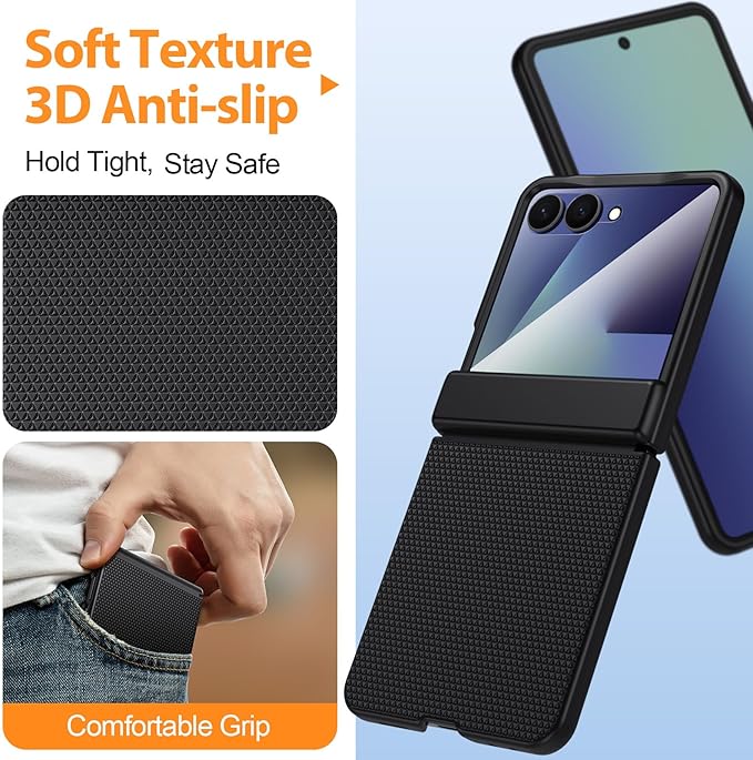 for Samsung Galaxy Z-Flip-7 Case: Non-slip Grip 3D Texture & Magnetic Hinge Protection, 9H Glass Screen Protector, TPU Shockproof Militray-Grade Protective Phone Cover for ZFlip 7 2025, Black