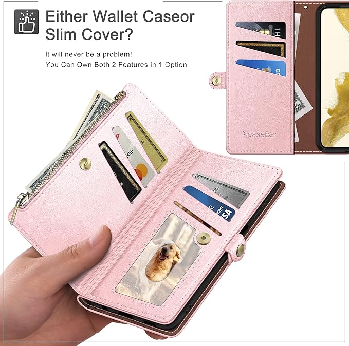 XcaseBar Compatible with Samsung Galaxy S25 Wallet case with Zipper Credit Card Holder【RFID Blocking】,Flip Folio Book PU Leather Phone case Shockproof Cover Women Men for Samsung S25 case Rose Gold