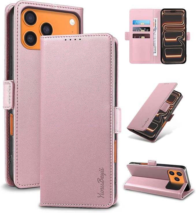 Wallet Flip Case for iPhone 17 Pro Max 5G - [RFID Blocking] Luxury PU Leather Card Holder Magnetic Phone Cover with Kickstand,Shockproof Protective Case,Pink