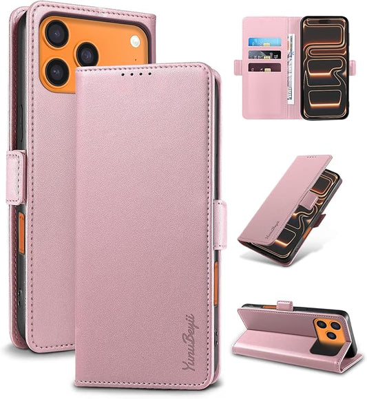 Wallet Flip Case for iPhone 17 Pro Max 5G - [RFID Blocking] Luxury PU Leather Card Holder Magnetic Phone Cover with Kickstand,Shockproof Protective Case,Pink