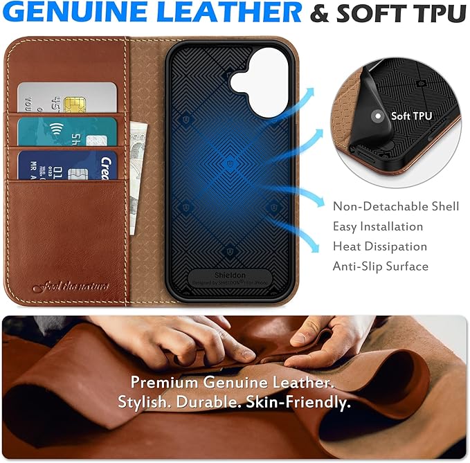 SHIELDON Case for iPhone 16 5G 6.1", Genuine Leather Wallet Flip Magnetic Closure Cover RFID Blocking Credit Card Holder Kickstand TPU Shockproof Case Compatible with iPhone 16 2024 - Retro Brown