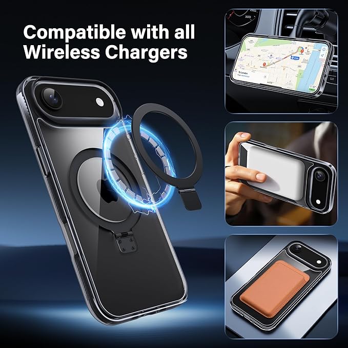Magnetic Case for iPhone Air - [Built-in Invisible Stand] [Compatible with MagSafe] [Military Grade Drop Protection] Anti-Yellowing Hard Back Silicone Edge Cover, 6.5", Clear Black