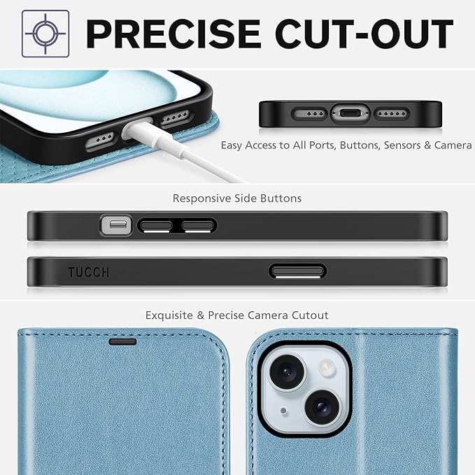 TUCCH Case Wallet for iPhone 15, [RFID Blocking] 4 Card Holder Stand [Shockproof TPU Interior Case] PU Leather Magnetic Protective Flip Cover Compatible with iPhone 15 5G 6.1", Shiny Light Blue