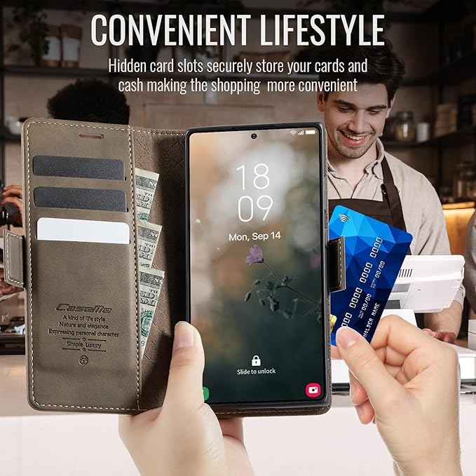 Wallet Case for Samsung Galaxy S25 Ultra Leather Wallet Flip Cover with Card Holder, Kickstand, Magnetic Closure, RFID Blocking TPU Shockproof Phone Case Compatible with S25 Ultra, Coffee