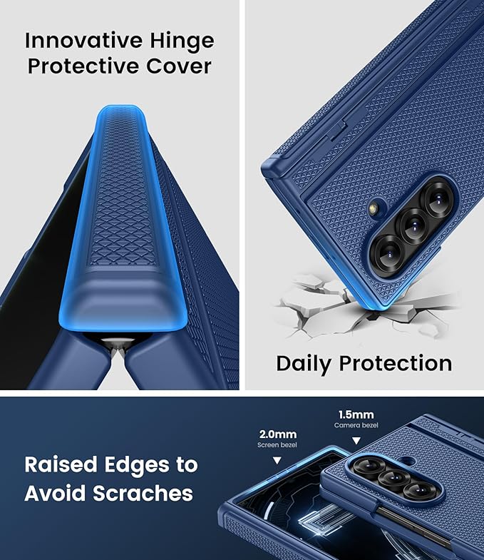 for Samsung Galaxy Z Fold 7 Case with Hinge Protection & Kickstand, Front Glass Screen Protector, Slim & Rugged, Hard Full Cover, Daily Protective Phone Case for Samsung Z Fold 7 5g 2025, Blue