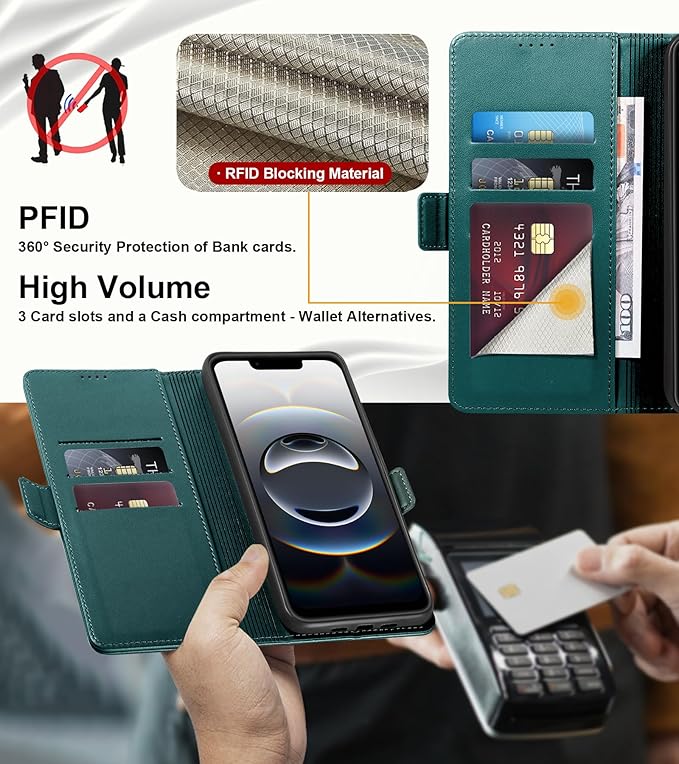 Wallet Flip Case for iPhone 16E 5G - [RFID Blocking] Luxury PU Leather Card Holder Magnetic Phone Cover with Kickstand,Shockproof Protective Case,Green