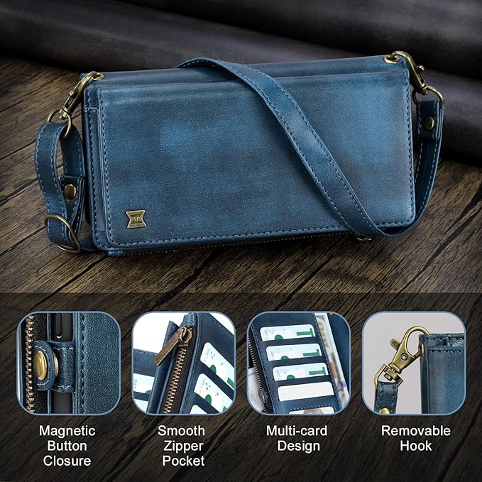 for iPhone 16e Wallet Phone Case with 7 Card Holder,RFID Blocking | PU Leather | Kickstand | Flip | Wrist Strap&Shoulder Strap | Shockproof | Zipper Wallet | Women Men | 6.1" | Blue